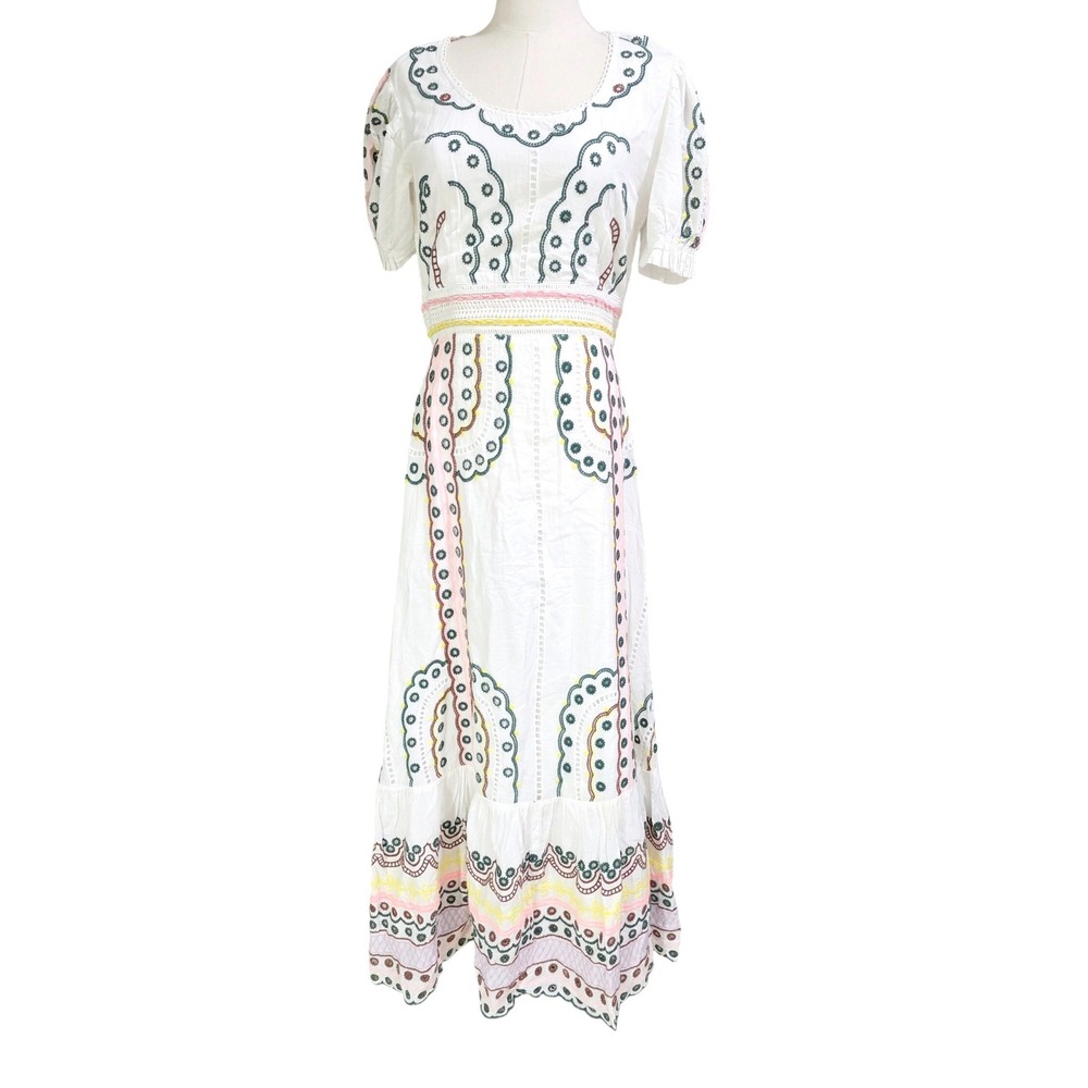 Bohme Embroidered Midi Dress Women S White Eyelet Puff Sleeve Smocked - Picture 5 of 16